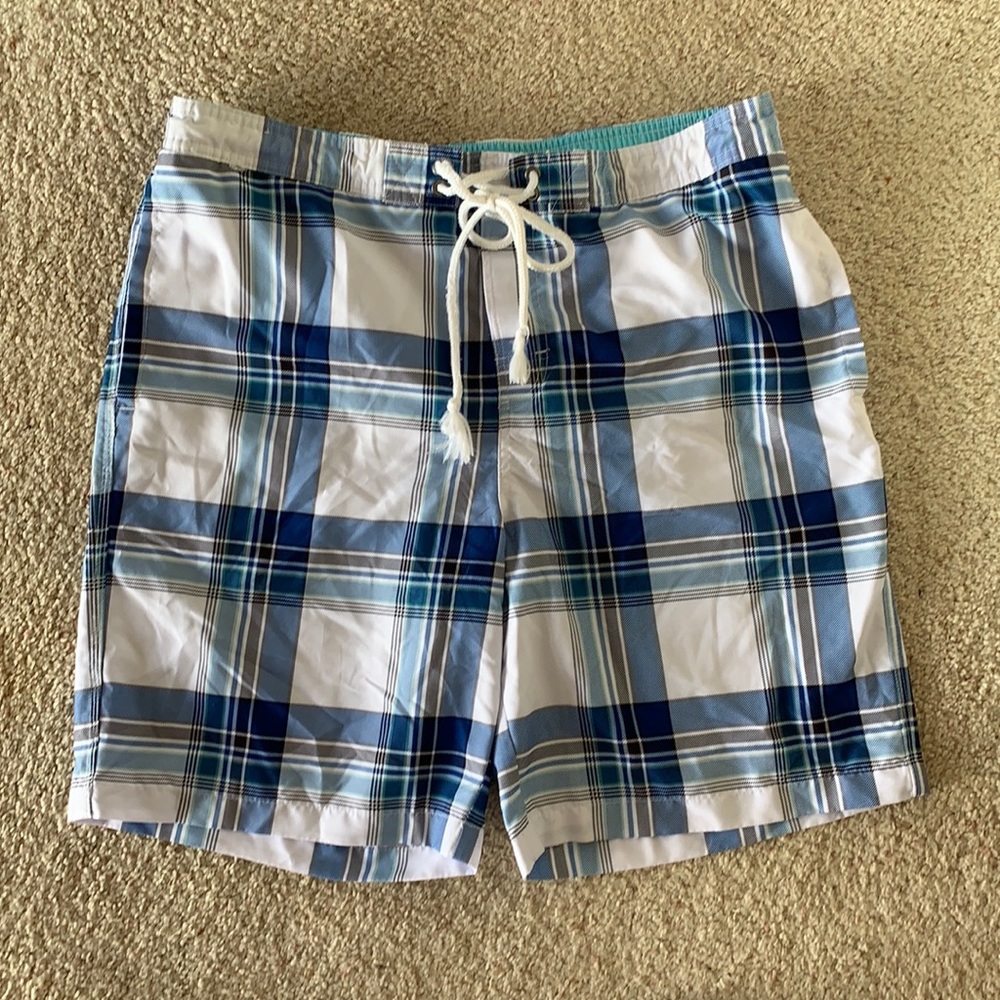Blue Plaid Swim Trunks